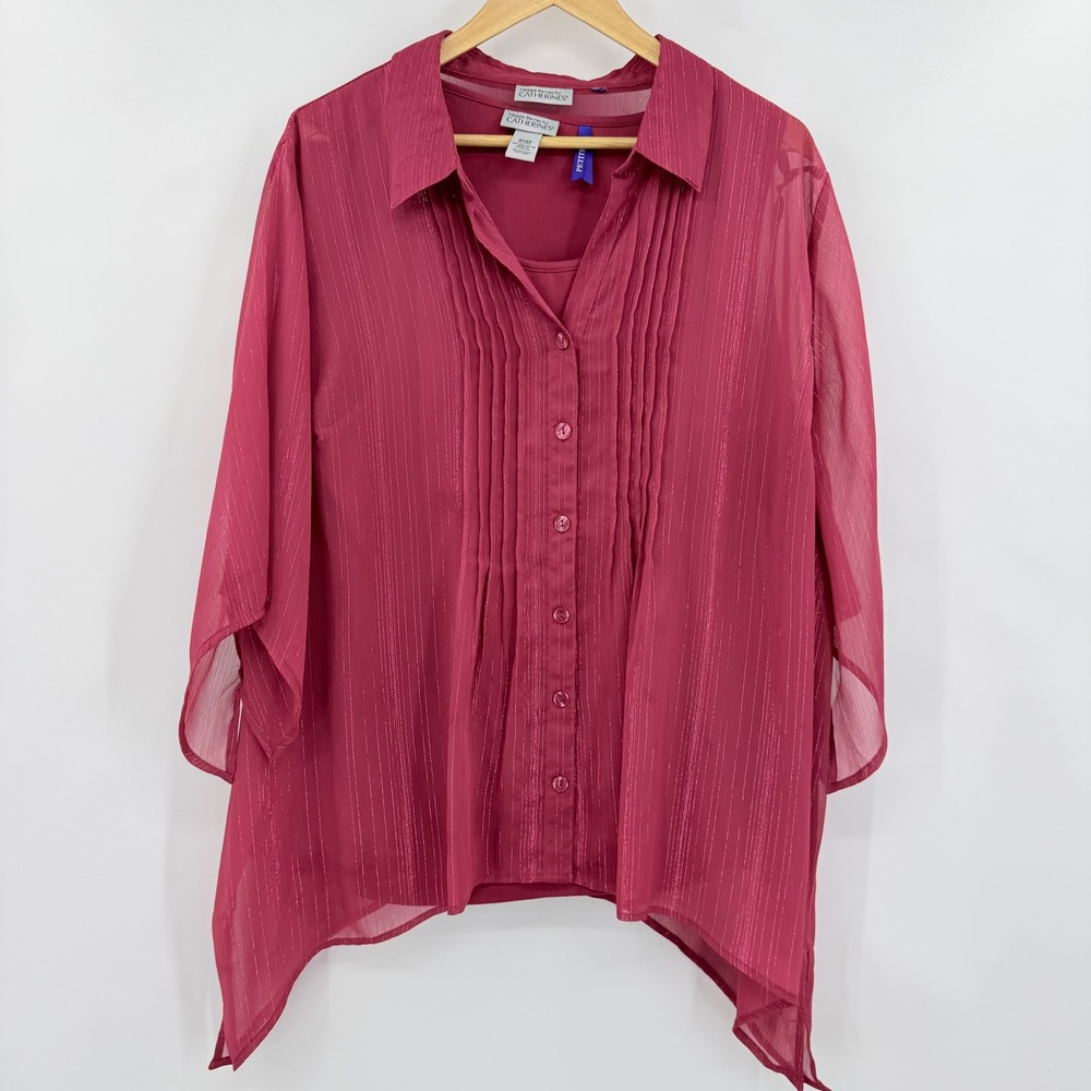 Catherines Maggie Barnes Blouse Women 3XWP Magenta Metallic Pintuck 2pc Set